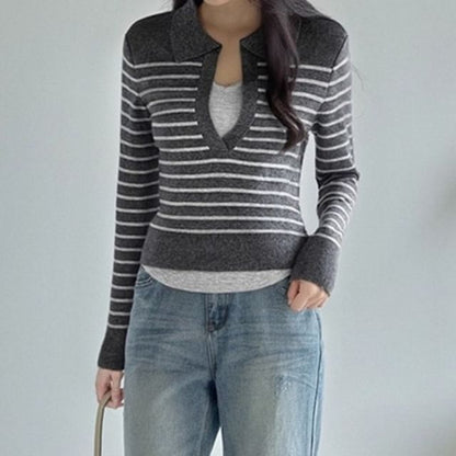 Breton Stripe Collared Crop Knit Top