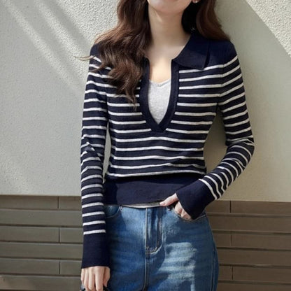 Breton Stripe Collared Crop Knit Top