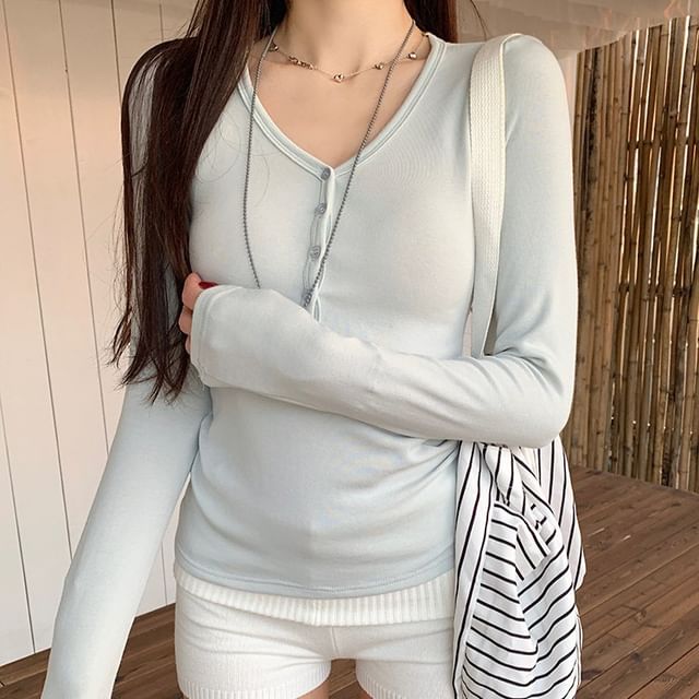 V-Neck Half Button Long Sleeve Top