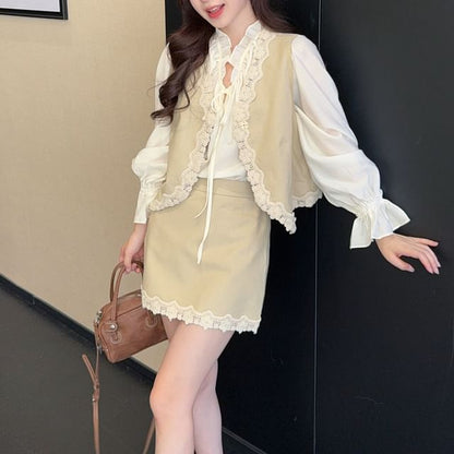 Blouse, Lace Vest & Mini Skirt Set