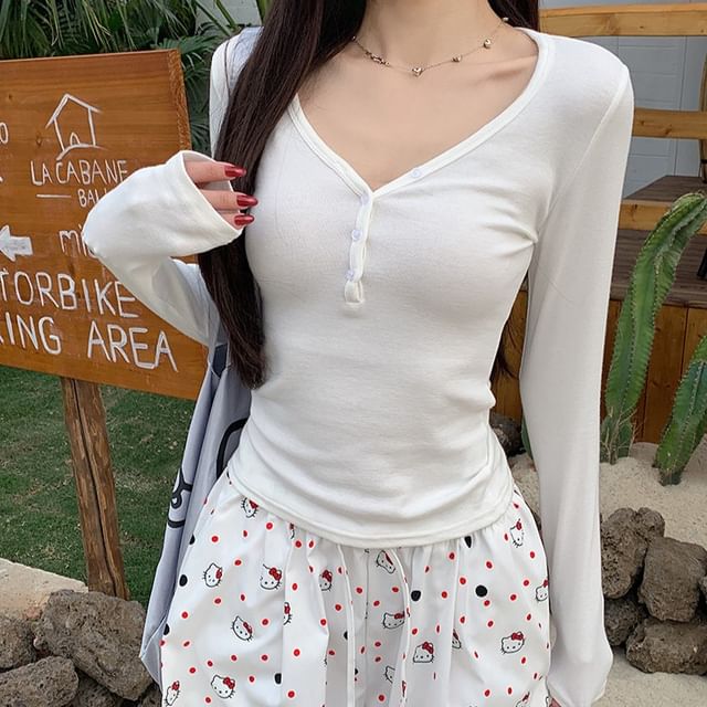 V-Neck Half Button Long Sleeve Top
