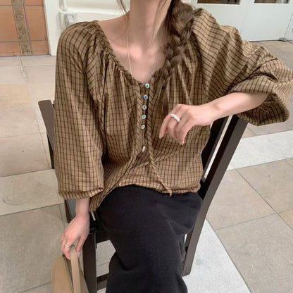 Plaid V-Neck Long Sleeve Blouse