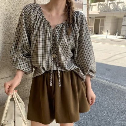 Plaid V-Neck Long Sleeve Blouse