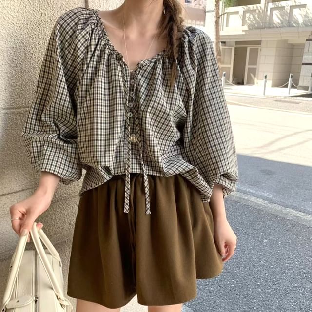 Plaid V-Neck Long Sleeve Blouse