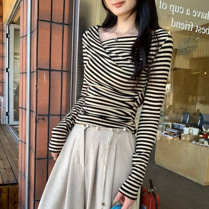 Striped Asymmetrical Neck Ruched Slim Fit Long Sleeve Tee