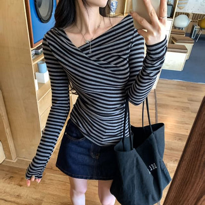 Striped Asymmetrical Neck Ruched Slim Fit Long Sleeve Tee