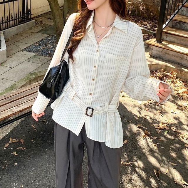 Pinstriped Button-Up Shirt and Belt Set