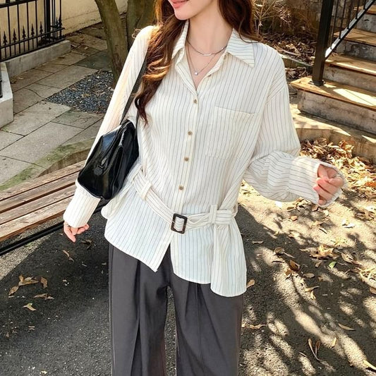 Pinstriped Button-Up Shirt and Belt Set