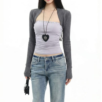 Ruched Square Neck Crop Tee with Two-Tone Faux Layer