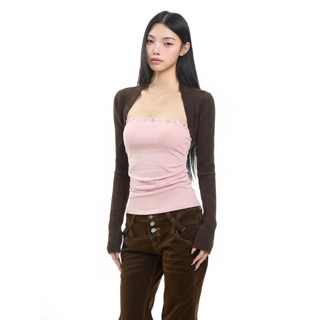 Ruched Square Neck Crop Tee with Two-Tone Faux Layer
