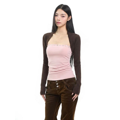 Ruched Square Neck Crop Tee with Two-Tone Faux Layer