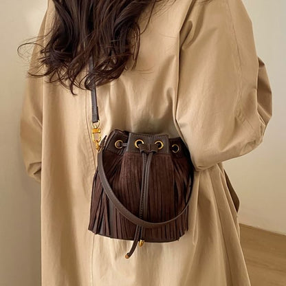 Fringed Drawstring Faux Suede Top Handle Crossbody Bucket Bag