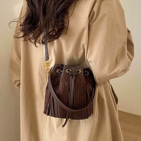 Fringed Drawstring Faux Suede Top Handle Crossbody Bucket Bag