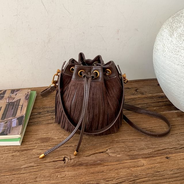 Fringed Drawstring Faux Suede Top Handle Crossbody Bucket Bag