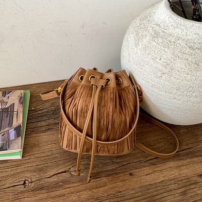 Fringed Drawstring Faux Suede Top Handle Crossbody Bucket Bag