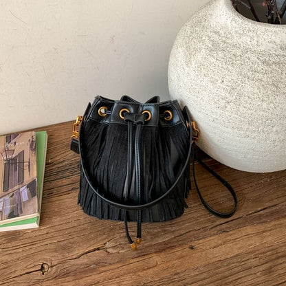 Fringed Drawstring Faux Suede Top Handle Crossbody Bucket Bag