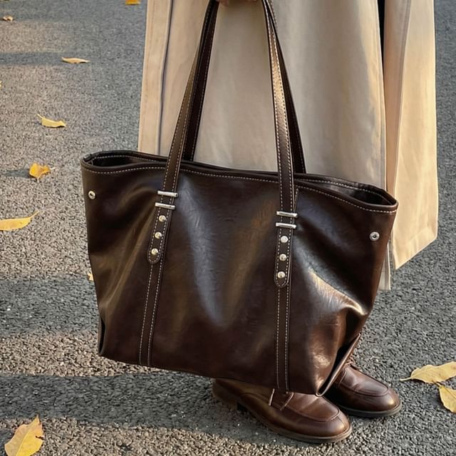 Studded Faux Leather Tote Bag