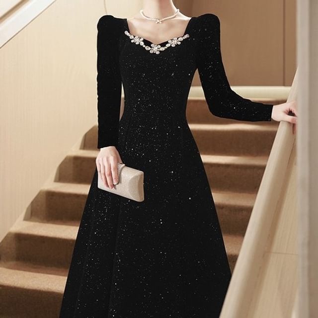 V-Neck Plain Rhinestone Glitter Velvet A-Line Evening Dress (Various Designs)