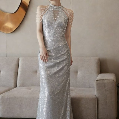 Sleeveless Mock Neck Sequin Beaded Strand Panel Mesh Trumpet Evening Gown