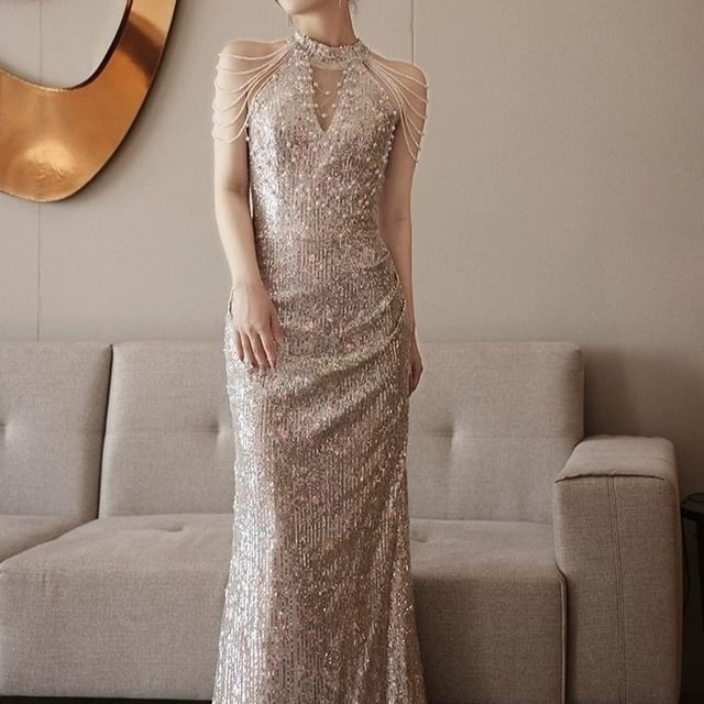 Sleeveless Mock Neck Sequin Beaded Strand Panel Mesh Trumpet Evening Gown