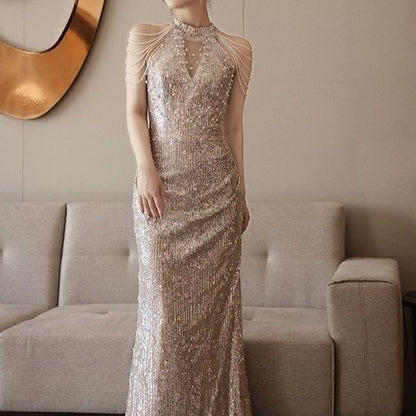 Sleeveless Mock Neck Sequin Beaded Strand Panel Mesh Trumpet Evening Gown