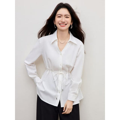 Tie-Waist V-Neck Long Sleeve Shirt in Solid Hue