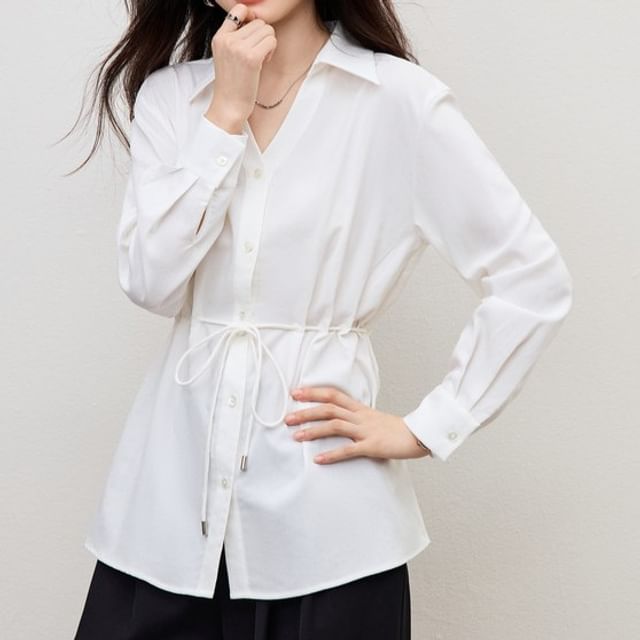 Tie-Waist V-Neck Long Sleeve Shirt in Solid Hue