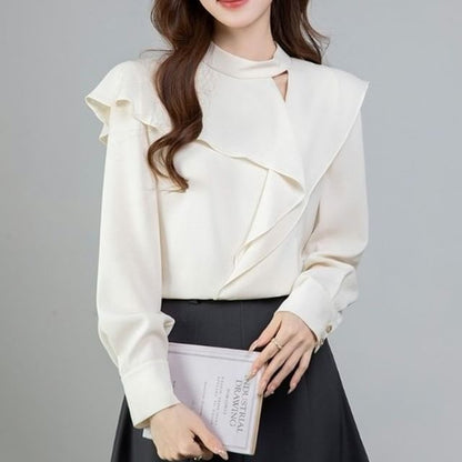 Asymmetrical Cutout Long-Sleeve Blouse in Solid Color