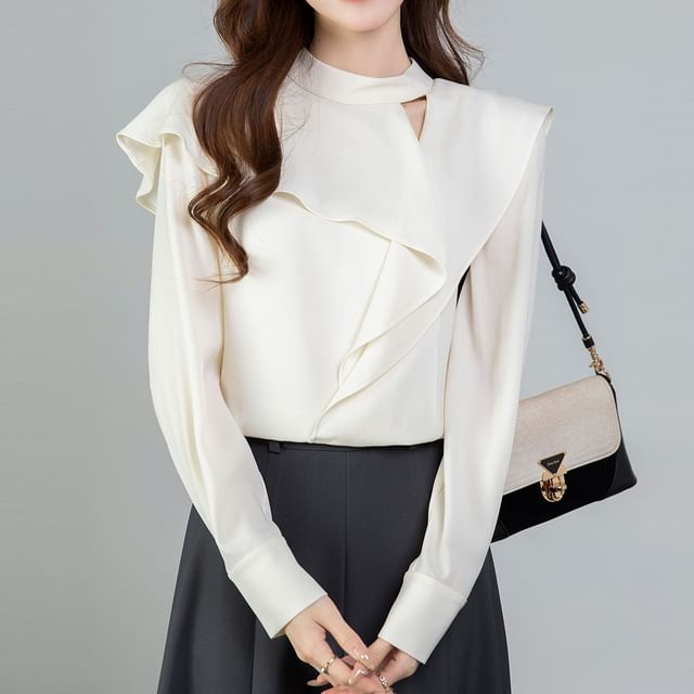 Asymmetrical Cutout Long-Sleeve Blouse in Solid Color