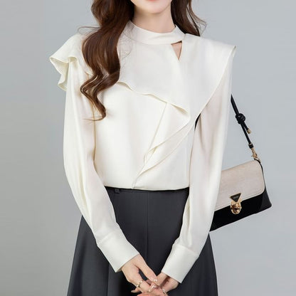 Asymmetrical Cutout Long-Sleeve Blouse in Solid Color