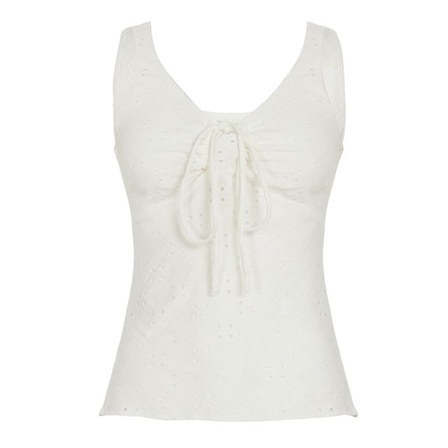 V-Neck Eyelet Lace Tank Top with Drawstring
