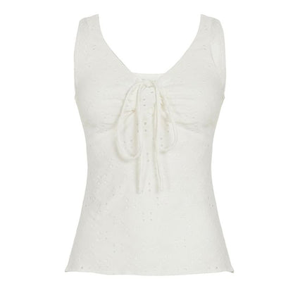 V-Neck Eyelet Lace Tank Top with Drawstring