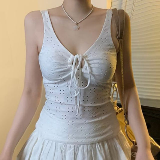 V-Neck Eyelet Lace Tank Top with Drawstring