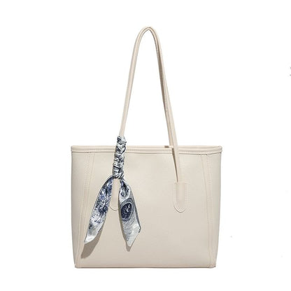 Set: Plain Faux Leather Tote Bag + Scarf