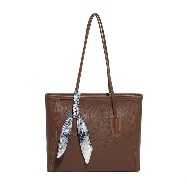 Set: Plain Faux Leather Tote Bag + Scarf