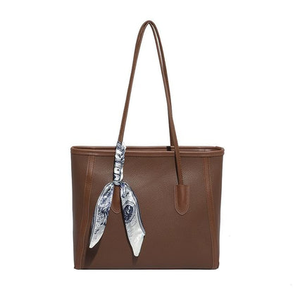 Set: Plain Faux Leather Tote Bag + Scarf
