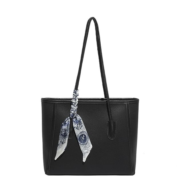 Set: Plain Faux Leather Tote Bag + Scarf