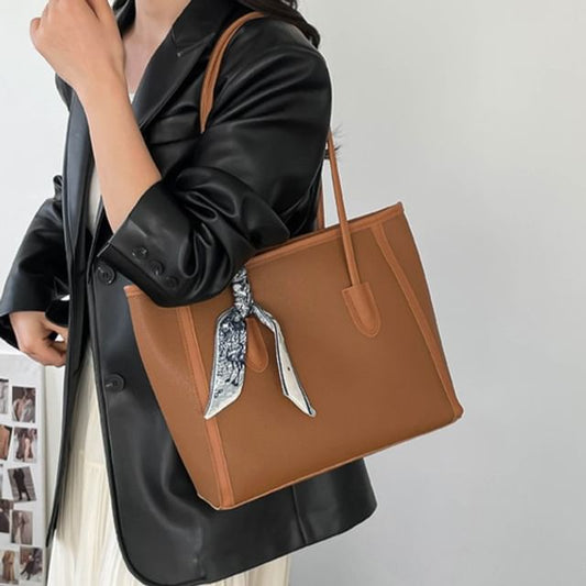 Set: Plain Faux Leather Tote Bag + Scarf