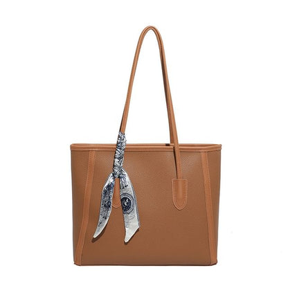 Set: Plain Faux Leather Tote Bag + Scarf