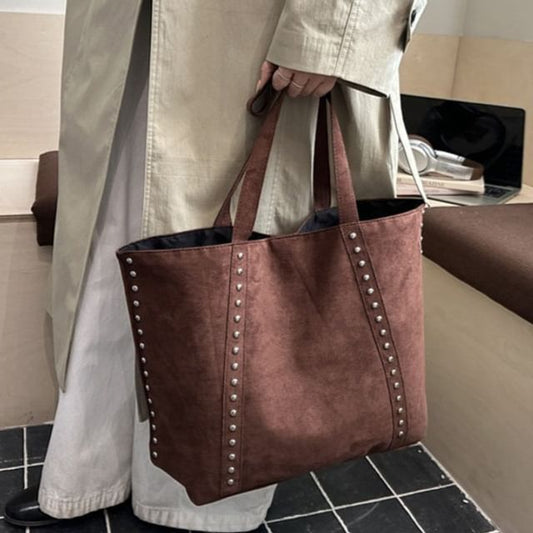 Plain Studded Faux Suede Tote Bag
