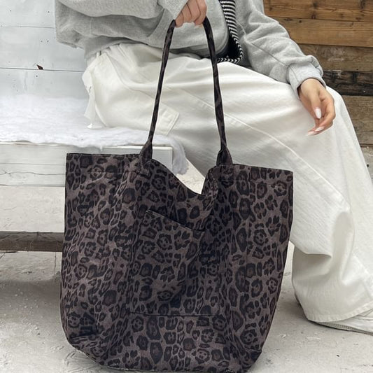 Leopard Print Faux Suede Tote Bag