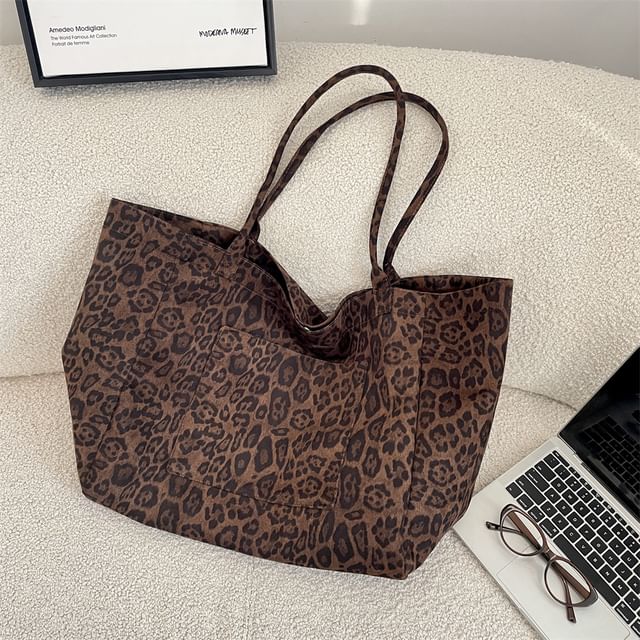 Leopard Print Faux Suede Tote Bag