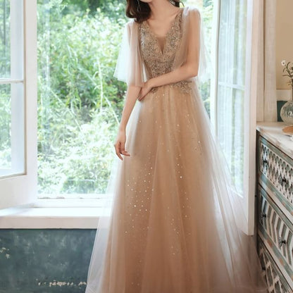 Cape-Sleeve Glitter Star A-Line Mesh Evening Gown (Various Designs)