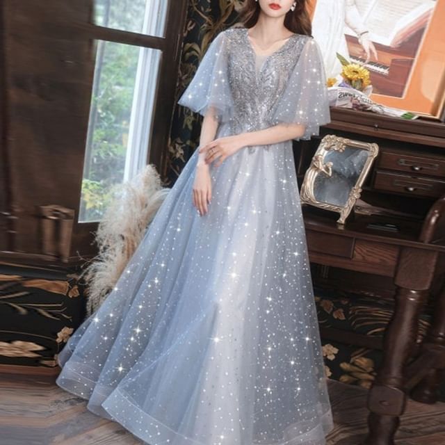 Cape-Sleeve Glitter Star A-Line Mesh Evening Gown (Various Designs)