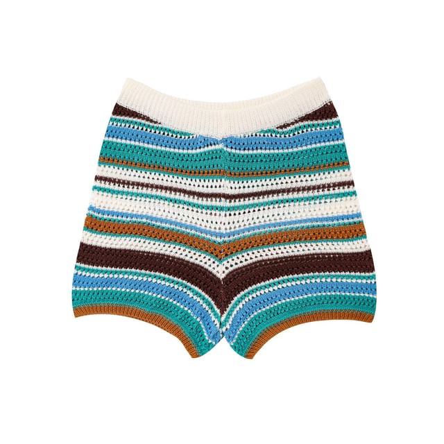 Striped Collared Short-Sleeve Knit Top with Knit Shorts