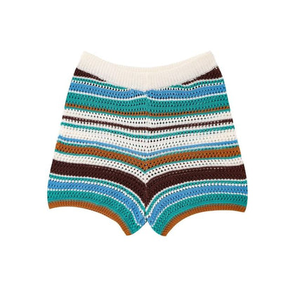 Striped Collared Short-Sleeve Knit Top with Knit Shorts