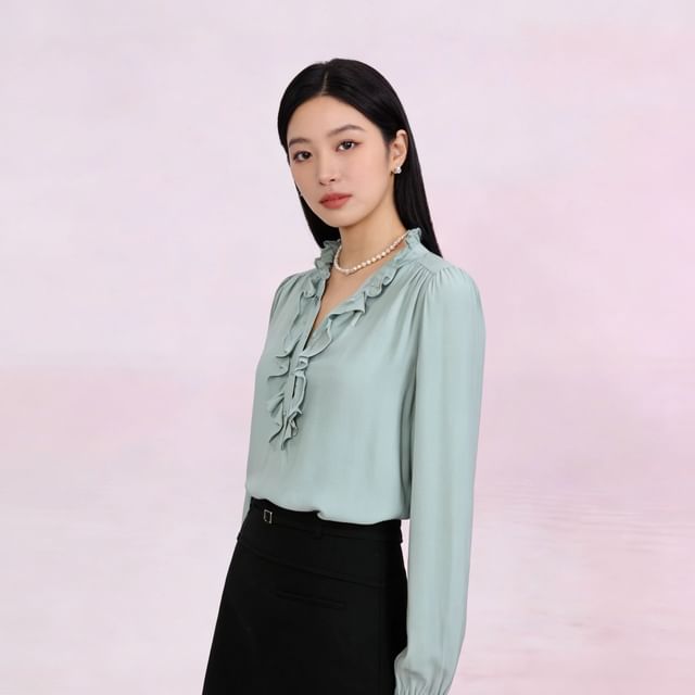 Ruffled Collar Long-Sleeve Blouse with Trim Details