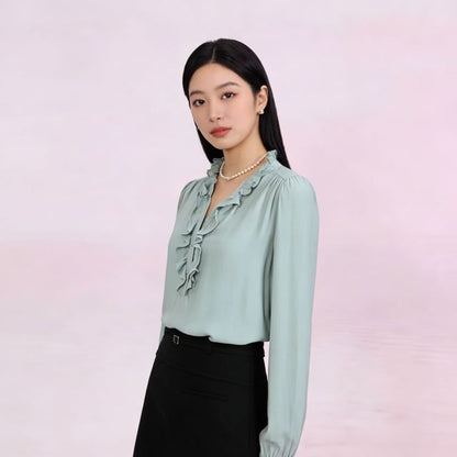 Ruffled Collar Long-Sleeve Blouse with Trim Details