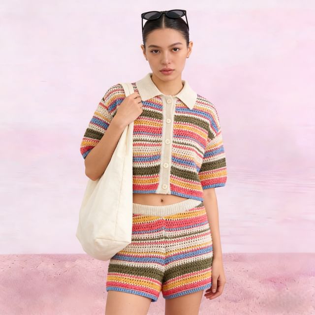 Striped Collared Short-Sleeve Knit Top with Knit Shorts