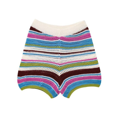 Striped Collared Short-Sleeve Knit Top with Knit Shorts